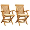 Image de vidaXL 2X Bois de Teck Massif Chaises de Jardin avec Coussins Chaises de Terrasse Sièges de Salle à Manger Fauteuils de Patio Extérieur Balcon Crème