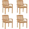 Image de vidaXL Lot de 4 Chaises de Jardin Empilables avec Coussins, Sièges de Terrasse, Chaises de Salle à Manger, Meubles de Patio Extérieur, Teck Solide