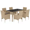 Image de vidaXL Ensemble à Manger de Jardin et Coussins 7 pcs Beige rotin Verre, Ensemble de Salle à Manger d'extérieur, Meuble de Salle à Manger de Jardin, Table et chaises de Jardin