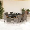 Image de vidaXL Ensemble à manger de jardin et coussins 7 pcs gris rotin verre