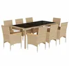 Image de vidaXL Ensemble à Manger de Jardin et Coussins 9 pcs Beige rotin Verre, Ensemble de Salle à Manger d'extérieur, Meuble de Salle à Manger de Jardin, Table et chaises de Jardin