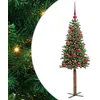 Image de vidaXL Sapin de Noël Mince Vert 150 cm PVC et Bois de pin Massif, Décoration Salon, Sapin de Noël Étroite en PVC, Lumières LED, Ornement Compact pour Intérieur