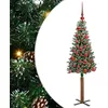 Image de vidaXL Sapin de Noël Mince Vert 150 cm PVC et Bois de pin Massif, Décoration Salon, Sapin de Noël Étroite en PVC, Lumières LED, Ornement Compact pour Intérieur