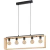 Image de Eglo Suspension Famborough 5 flammes vintage industrielle scandinave, acier noir et bois naturel, lampe à suspendre E27, pour salle à manger et salon