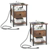 Image de COSTWAY Lot de 2 Table de Chevet avec Station de Charge Etagères Ouvertes et Tiroir Style Industriel pour Chambre Salon Bureau