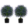 Image de COSTWAY Lot de 2 Arbres de Buis Artificiel Topiaire 58 cm - Boules de Lavandes Artificielles Violets avec Pot en Ciment pour Porche