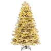 Image de Sapin de Noël Artificiel LED 215 cm COSTWAY-450 Lumières Blanches Chaudes Pré-illuminé-1328 Branches avec Neige Blanche en PE PVC