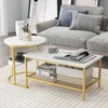 Image de GOPLUS Lot de 2 Tables Basses Gigognes-Amovible et Table Ronde-Plateau Imitation Marbre Blanc-Empilable Style Moderne Or et Blanc