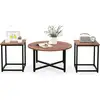 Image de Costway table basse salon 3 pcs, table basse ronde avec 2 tables d'appoint carrées, cadre en métal, design moderne industriel, table salon lot de 3 pour salon, chambre (noyer)