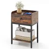 Image de COSTWAY Table de Chevet en Métal avec Station de Recharge Tiroir et Étagère pour Chambre Salon Marron 42 x 30 x 60 cm