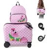 Image de COSTWAY Valise Enfants à Roulettes 18  avec Sac à Dos 12  Roues Coque Imperméable Poignée Rétractable Flamant 3 Ans+ Rose
