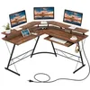 Image de COSTWAY Bureau d’Angle Informatique-Support d’Écran Prise de Courant Plateau pour Clavier Crochet pour Casque Marron