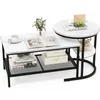 Image de COSTWAY Lot de 2 Tables Basses Gigognes Scandinaves - Table dAppoint Imprimée Marbre - Cadre en Métal Noir Repose-pieds Réglables