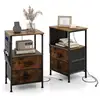 Image de Lot de 2 tables de chevet industrielles avec prise, 2 tiroirs pliables, 6 poches latérales (marron)
