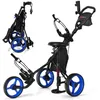 Image de COSTWAY Chariot de Golf Pliable 3 Roues-4 Hauteurs Réglables-Siège Hydraulique-Porte-Parapluie Réglable-Porte-Boisson-Sac-Bleu