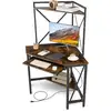 Image de Costway bureau d'angle avec étagère de rangement, bureau informatique avec 2 prises de courant & 2 usb, plateau pour clavier, cadre en métal, design élégant(marron rustique)