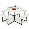 Image de COSTWAY Ensemble de Table Ronde de Pique-nique et 4 Bancs pour 8 Personnes Trou pour Parasol pour Patio Jardin Blanc