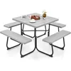 Image de COSTWAY Table de Pique-Nique Ronde avec 4 Bancs pour 8 Personnes Trou pour Parasol Table de Camping pour Terrasse Jardin Gris