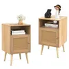 Image de COSTWAY Lot de 2 Table de Chevet avec à Porte Cannage et Pieds en Bois Massif Table dAppoint pour Chambre Salon 40 x 39 x 70 cm