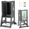Image de Tour dApprentissage Montessori en Bois COSTWAY-Tabouret de Cuisine-Tableau-3 Stylos à Base dEau-MarcheHauteur Réglable-Gris