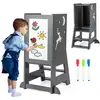 Image de Costway tour d'apprentissage enfant avec hauteur réglable & tableau, tour d'observation montessori en bois avec rail de sécurité & pieds anti-bascule, charge 70kg pour enfant de 1-7 ans (gris)