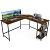 Image de Costway bureau d'angle 138 x 138 cm, bureau d'ordinateur en forme de l avec étagère à 2 niveaux amovible, poste de travail cadre en métal, assemblage facile, pour bureau, chambre (marron rustique)