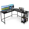 Image de Costway bureau d'angle 138 x 138 cm, bureau d'ordinateur en forme de l avec étagère à 2 niveaux amovible, poste de travail cadre en métal, assemblage facile, pour bureau, chambre (noir)