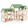Image de COSTWAY Maison de Poupée dAngle en Bois pour Enfants 3 Ans+ 3 Étages 6 Chambres avec 35 Accessoires 87 x 37 x 83 cm Vert