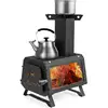 Image de Mini poêle à bois portable, four à bois pliable de camping avec 2 positions de cuisson, poignée & fenêtre visuelle en verre