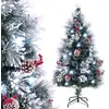 Image de Sapin de Noël Lumineux Floqué 150cm COSTWAY-49 Lumières 8 Modes dÉclairage Dynamique-Fibres Optique-Baies Rouges Pommes de Pin