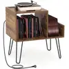 Image de Costway meuble tourne-disque vinyle avec prise pour 145 albums 2 ports usb, pieds amovibles, 3 séparateurs (brun)
