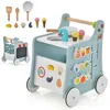 Image de COSTWAY 6 en 1 Chariot de Marche en Bois avec Centre de Jouets Cuisine de Jeu Horloge Enfant 1 An+ Jouet Montessori Bleu