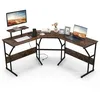 Image de COSTWAY Bureau dAngle en Forme de  L’ avec Prises de Courant pour 2 Personnes Support dÉcran Amovible Marron