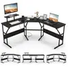 Image de Costway bureau en forme de  l’ avec prises de courant, bureau d'angle avec support d'ecran amovible, poste de travail informatique de 225 cm de long pour 2 personnes (noir)