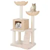 Image de COSTWAY Arbre à Chat Multi-niveaux en Bois 122 CM Poteaux à Gratter en Sisal Perchoir Condo Panier Echelle Coussins Lavables