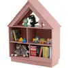 Image de Costway bibliothèque enfant en bois à 3 niveaux en forme maison avec 5 compartiments, meuble de rangement de jouet avec kit anti-basculement & toit unique, étagère pour salon, salle de jeux (rose)