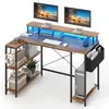 Image de COSTWAY Bureau de Jeu d’Angle 120 cm avec Support d’Écran Lumières LED et Prises de Courant Étagères de Rangement Marron
