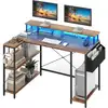 Image de Costway bureau d'angle ordinateur 120 cm led, bureau gaming avec ports usb et prise de courant, table imformatique etagères de rangement et support d’ecran, pour jouer, travailler (marron rustique)