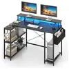 Image de Costway bureau d'angle ordinateur 120 cm led, bureau gaming avec ports usb et prise de courant, table imformatique etagères de rangement et support d’ecran, pour jouer, travailler (noir)