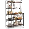 Image de Buffet de Cuisine à 5 Niveaux COSTWAY Prises de Courant 10 Crochets Support pour Micro-ondes pour Salle à Manger Cuisine Marron