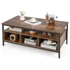Image de Table Basse Rectangulaire à 3 Niveaux COSTWAY Cadre Métallique Étagère Ouverte Rangement pour Salon Chambre Marron rustique