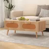 Image de COSTWAY Table Basse - Cannage 2 Tiroirs Compartiment Arrière Pieds en Bois Massif Style Campagne Naturel