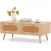 Image de Costway table basse bois, table basse rotin cannage avec 2 tiroirs, compartiment arrière, pieds en bois massif, table basse salon bohème pour salon, naturel, 100 x 50 x 41 cm
