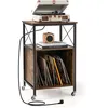 Image de COSTWAY Support de Stockage de Disques Vinyles avec Station de Charge Intégrée 2 AC 1 USB et 1 Type-C Pieds en Métal Marron