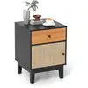 Image de Costway table de chevet bois, table de nuit rotin avec tiroir, petite armoire à porte cannage, chevet de lit bohème, pieds en bois massif  noir  