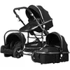 Image de Poussette Bébé Combinée Trio Pack 3 en 1 Noir-ARG Chassis Haut a Absorption de Chocs Pliable Siege Auto Réversible Roues
