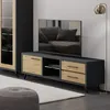 Image de Meuble TV Wiva 160x47cm en aggloméré noir avec finition en décor bois. Avec 1 porte tournante 1 compartiment ouvert avec