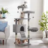 Image de Arbre à chat FEANDREA - Hauteur 142 cm - 2 plate-formes - 1 niche - 1 hamac - Gris clair