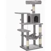 Image de Arbre à Chat Hauteur 1377 cm avec 4 Poteaux à Griffer 2 Plateformes 1 Niche 1 Hamac 2 Pompons en Tissu Peluche Gris Clair