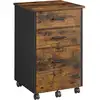 Image de Caisson bureau 3 tiroirs, avec 2 tiroirs en tissu, 1 tiroir en bois, table de chevet, petit meuble de rangement avec roulettes, pour bureau, chambre, salon, marron rustique et noir ofc046b01